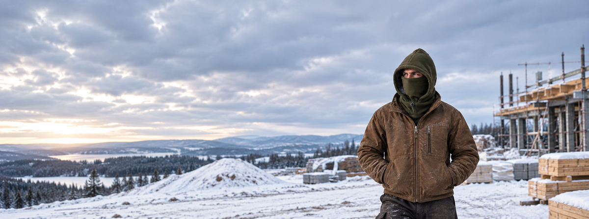 A builder on a frosty early-morning site wearing the black Volt Flick 3 in 1 fleece balaclava with the face covering raised, breath visible in the cold air