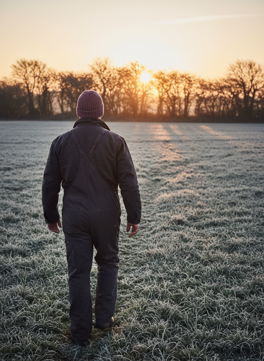 A farmer crossing a frosted field at first light wearing the Volt Flick fleece balaclava, low winter sun behind hedgerows