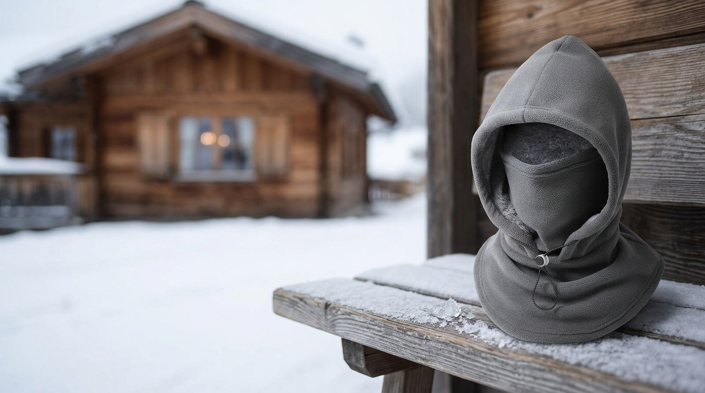 A builder on a frosty early-morning site wearing the black Volt Flick 3 in 1 fleece balaclava with the face covering raised, breath visible in the cold air