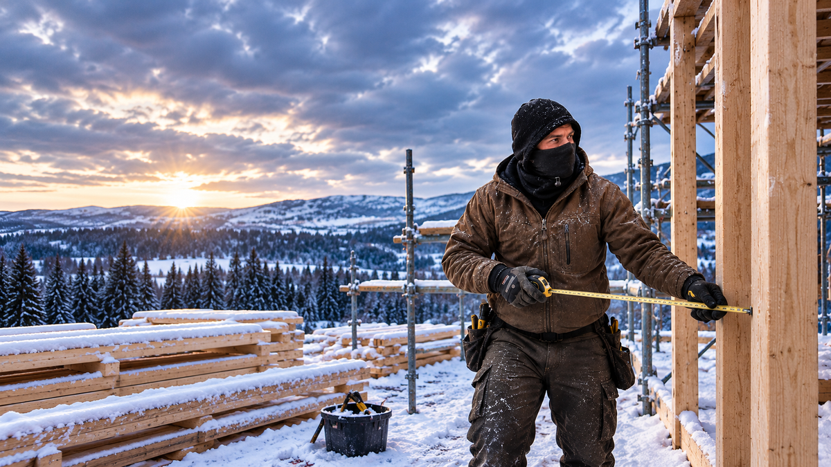 Close view of the Volt Flick fleece balaclava worn by a landscaper, face covering lowered and the extended shoulder panel sitting over a work jacket