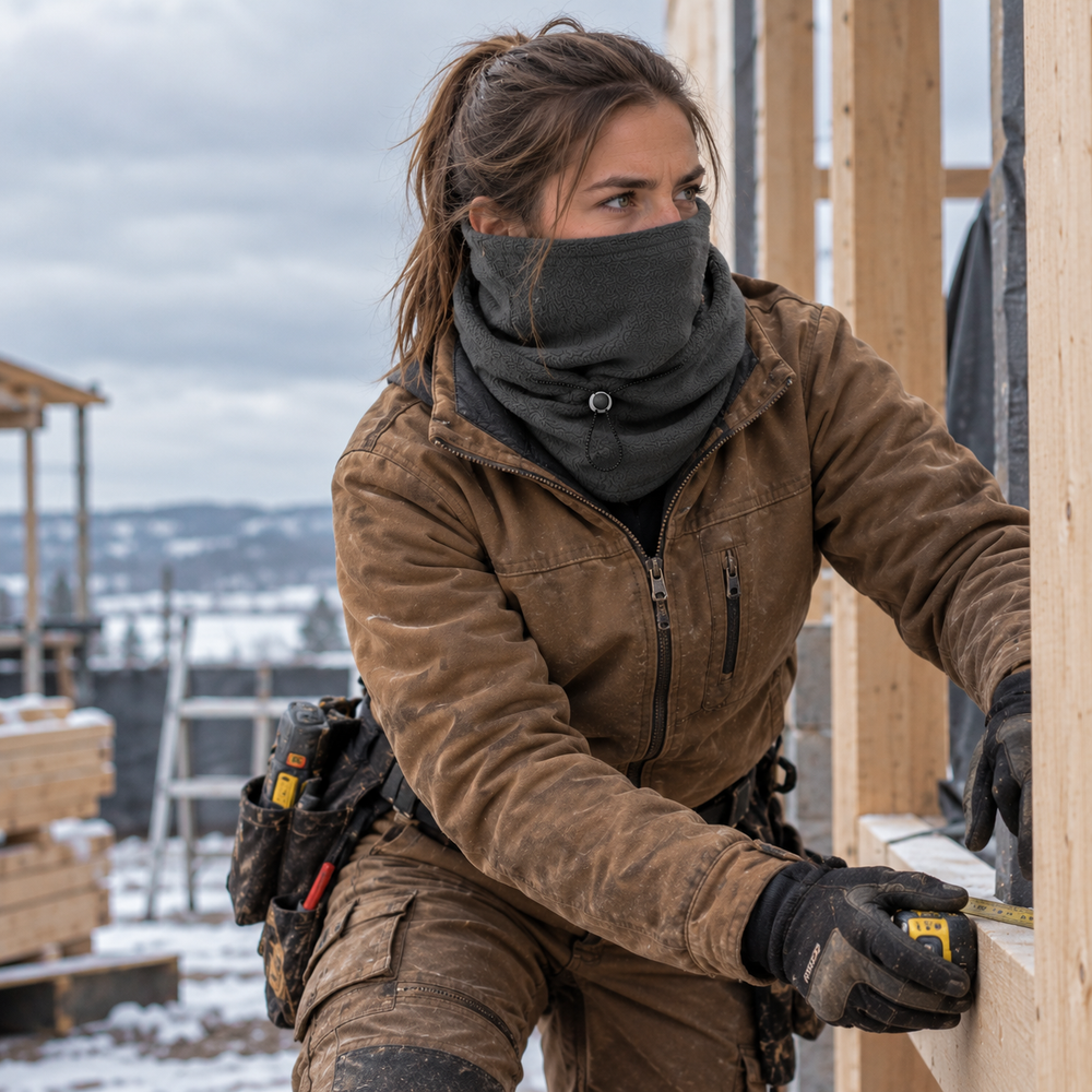 The fleece balaclava worn with the face covering lowered and shoulder panel over a work jacket