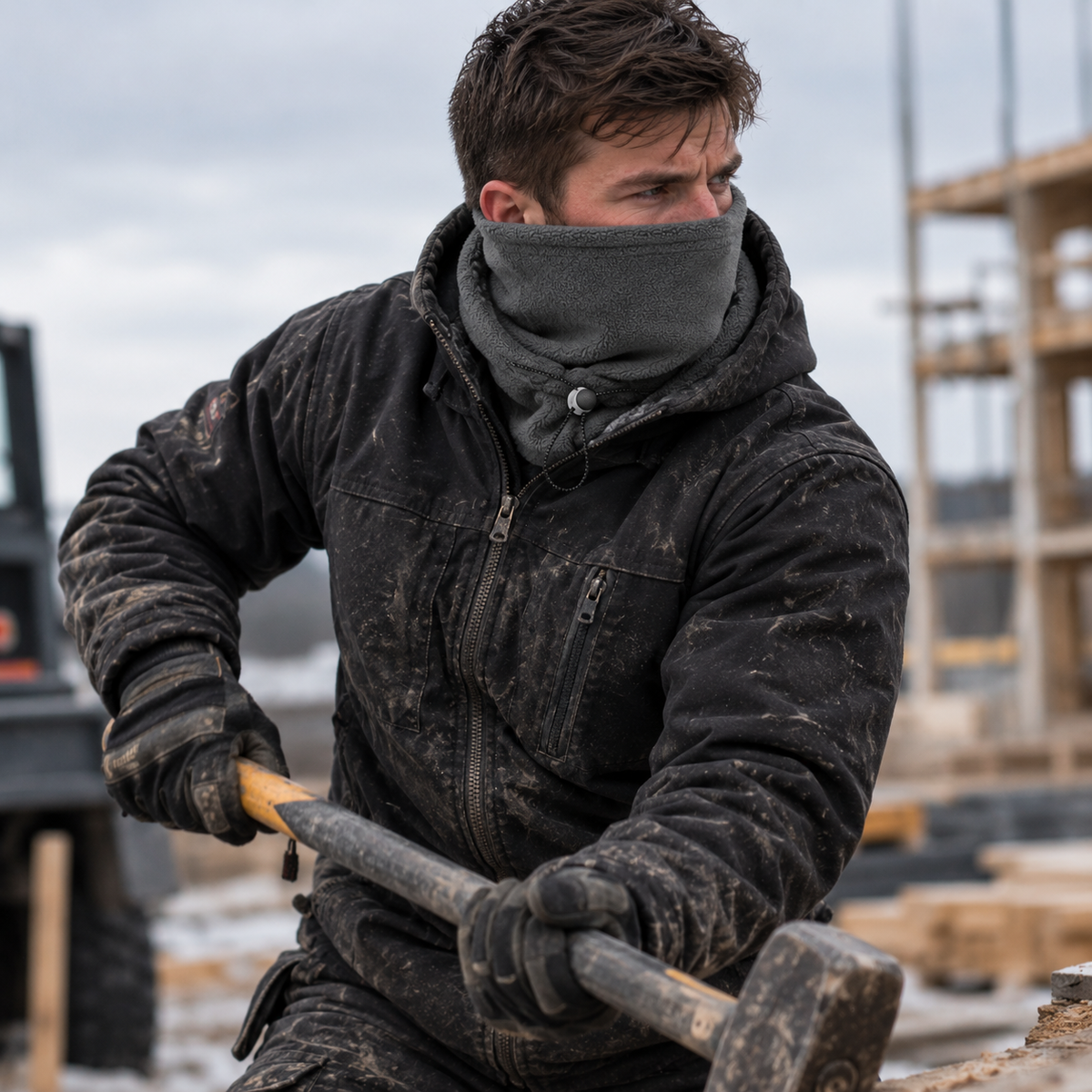 The Volt Flick balaclava worn with the integrated face covering raised on a cold building site