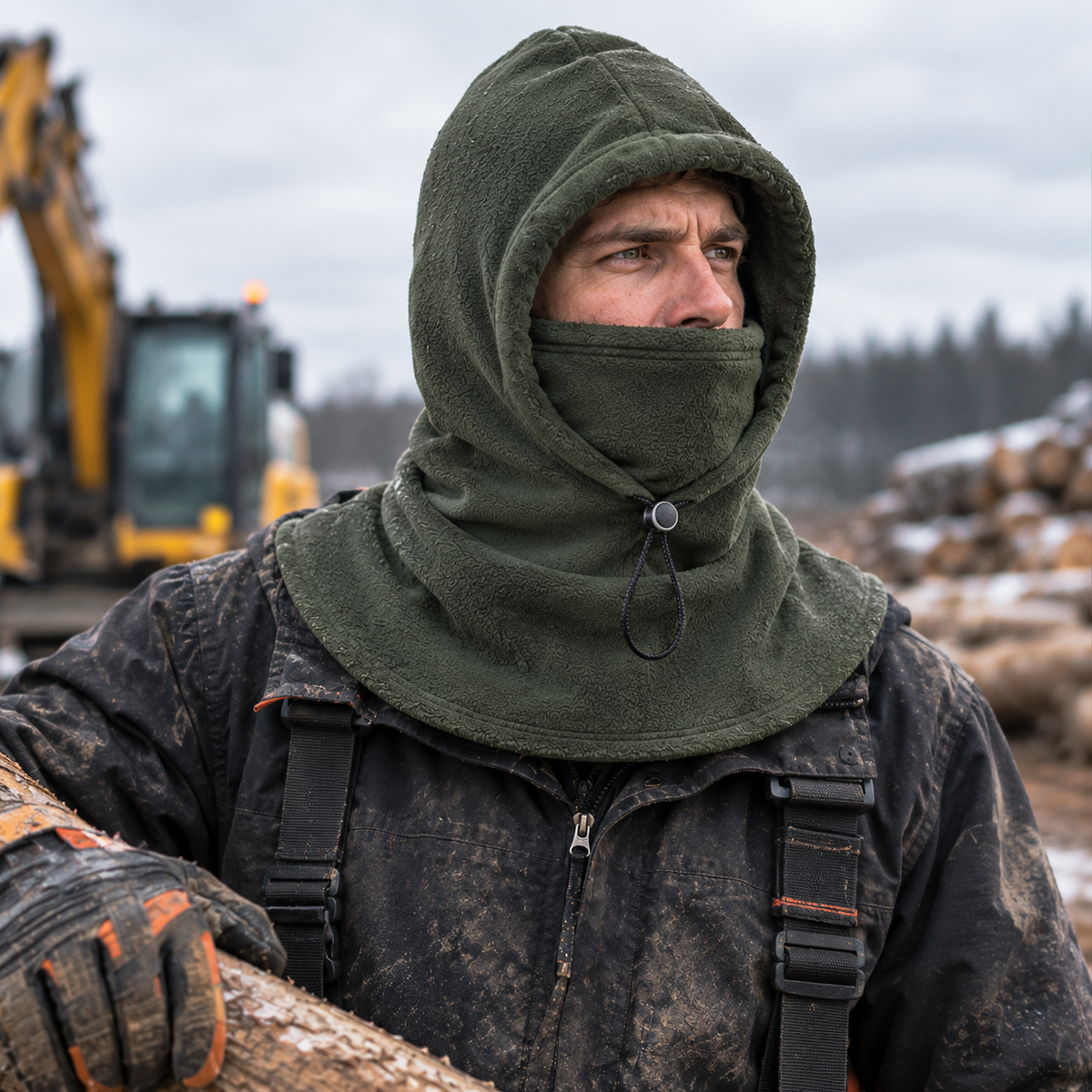 The Volt Flick 3 in 1 fleece balaclava in black, shown whole with its adjustable hood, integrated face covering and extended shoulder panel on a clean pale background