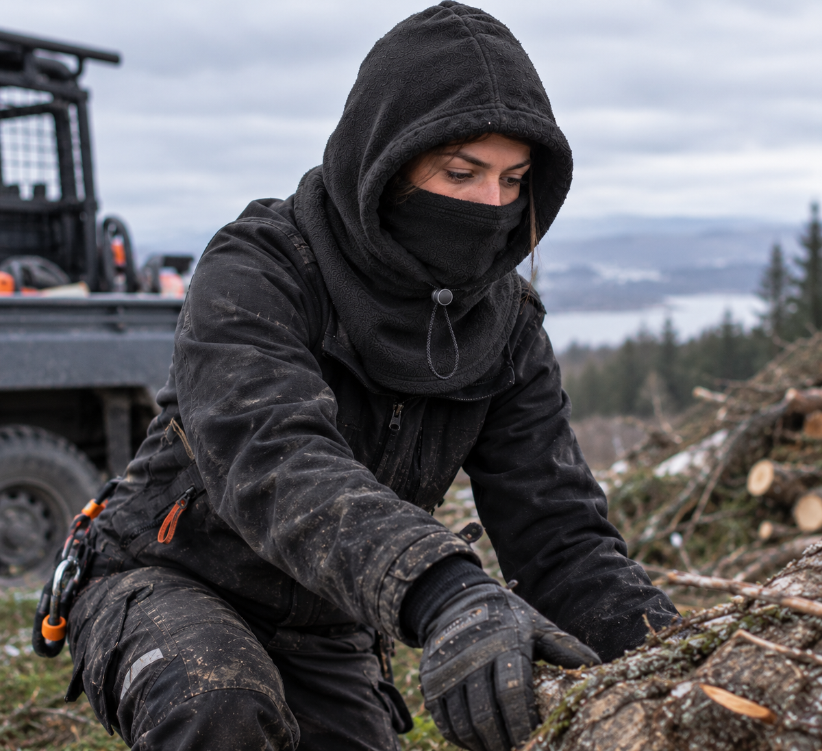 A worker adjusting the fit of the Volt Flick fleece hood around the face