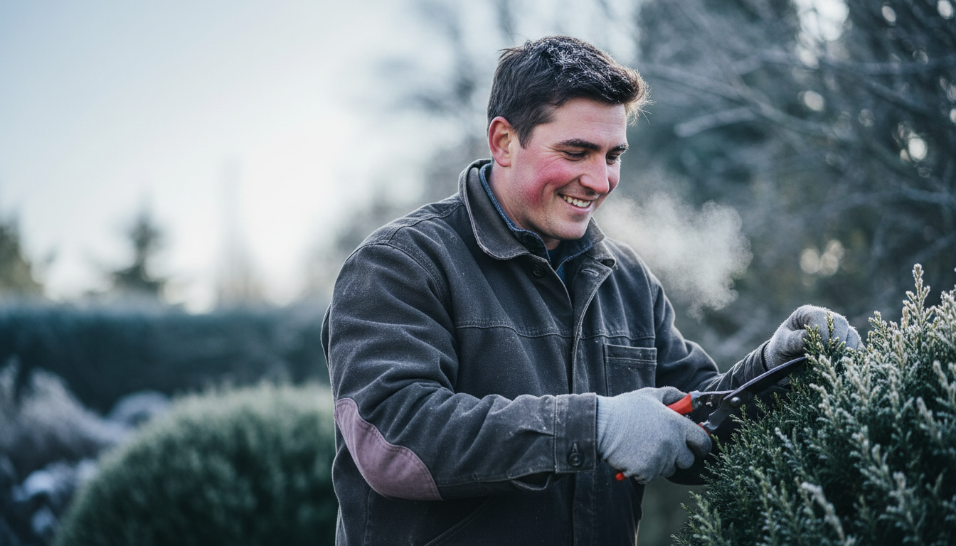 Close view of the Volt Flick fleece balaclava worn by a landscaper, face covering lowered and the extended shoulder panel sitting over a work jacket