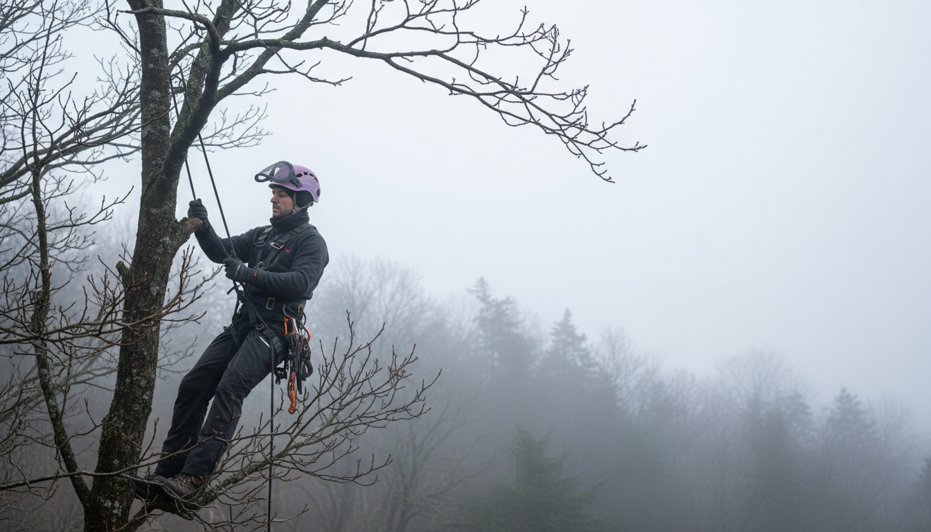 A tree surgeon in a harness among bare winter branches wearing the Volt Flick fleece balaclava under a helmet on a pale, cold morning